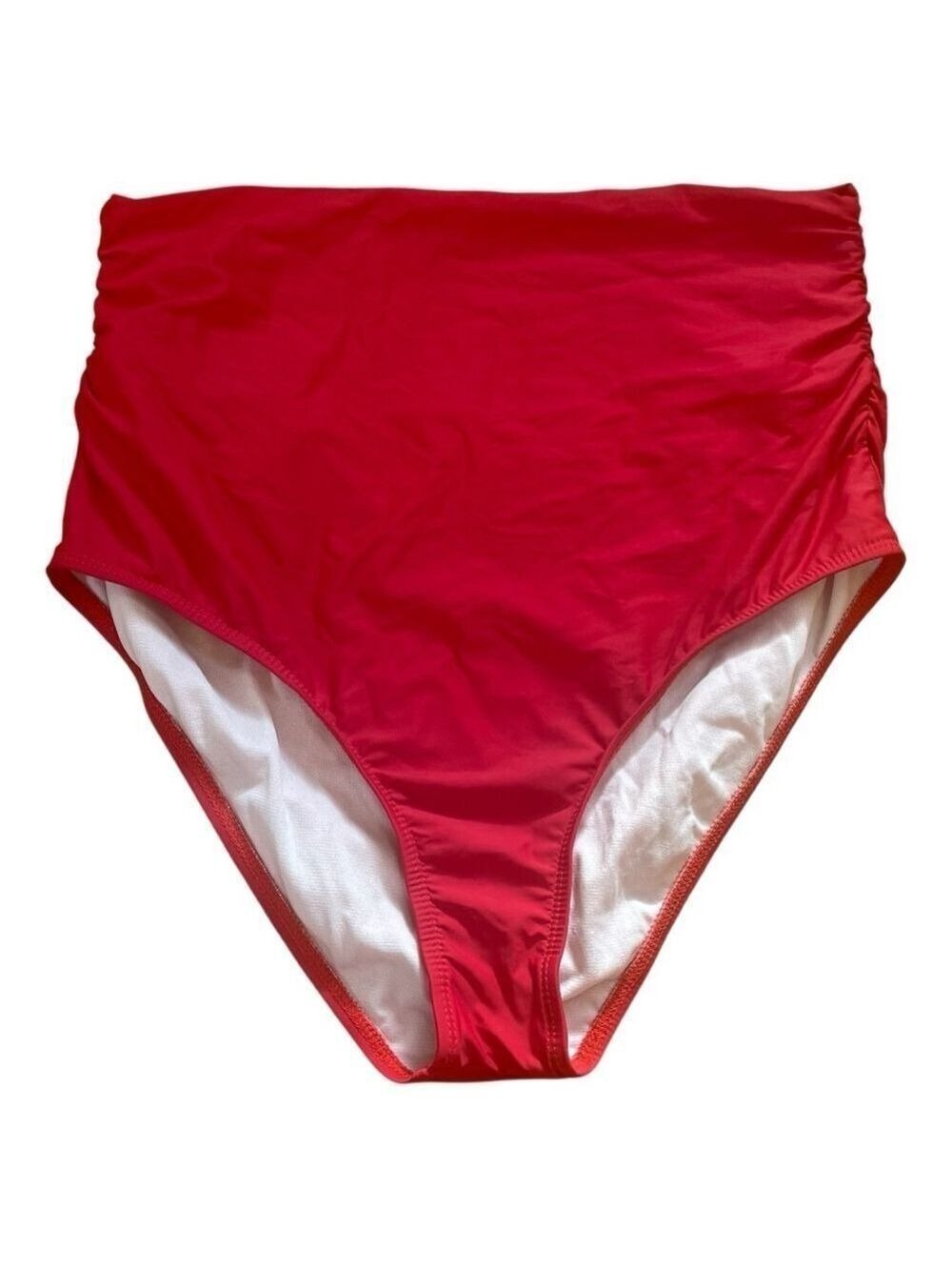Athena Women's Red Solid Elastic High Waist Stretch Ruched Swimming Brief Sz L